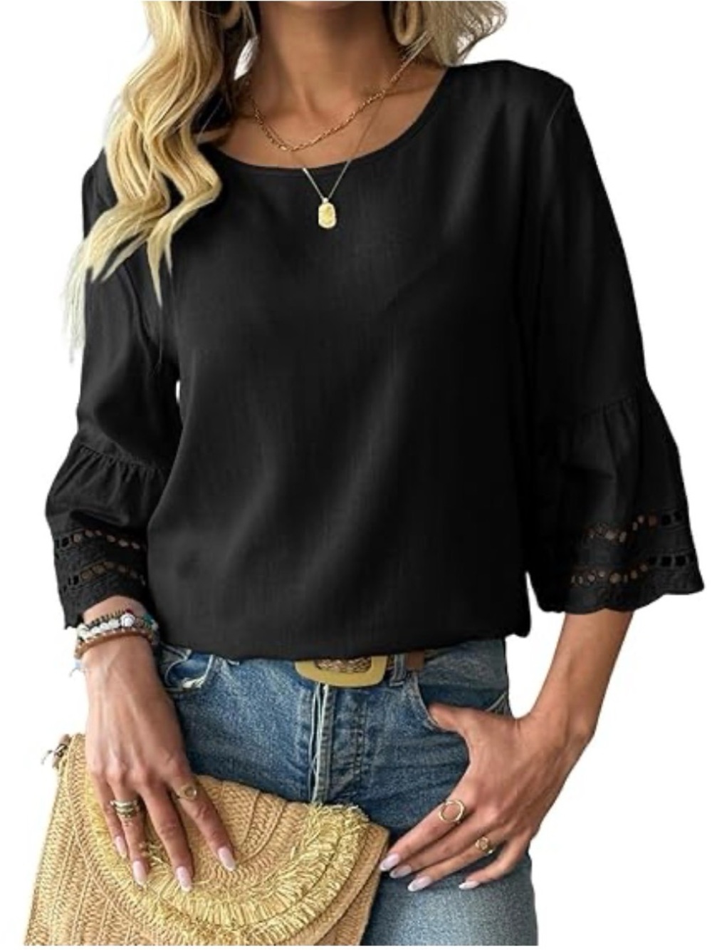 Lauren Ralph Lauren Black Lace-Trim 3/4 Sleeve Blouse